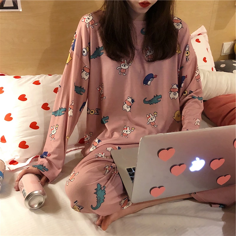 Caiyier/; сезон осень-зима; пижамный комплект с милым рождественским принтом; одежда для сна с длинными рукавами; тонкая мягкая ночная рубашка для девочек; домашняя одежда - Цвет: pink rabbit