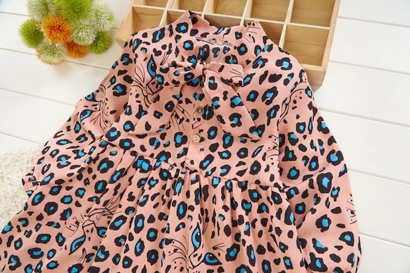 Hot Sale Kids Baby Leopard Print Dress Toddler Girls Ruched Dresses Bowknot Cartoon Long Sleeve Button Casual Clothes Vestido