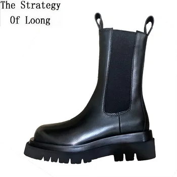 

Spring Autumn British New Genuine Leather Women Slip-On Half Chelsea Boots Ladies Platform Mid-Calf Motorcycle Boots 2020012