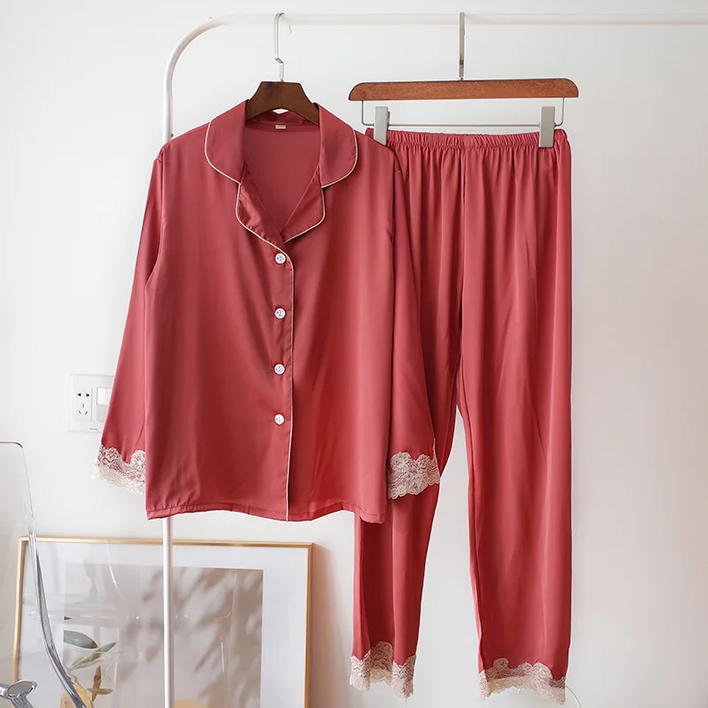 

Pajamas Women Thin Section Large Size Simulation Silk Lace Lapel Sweet Cute Long-Sleeved Long Pants