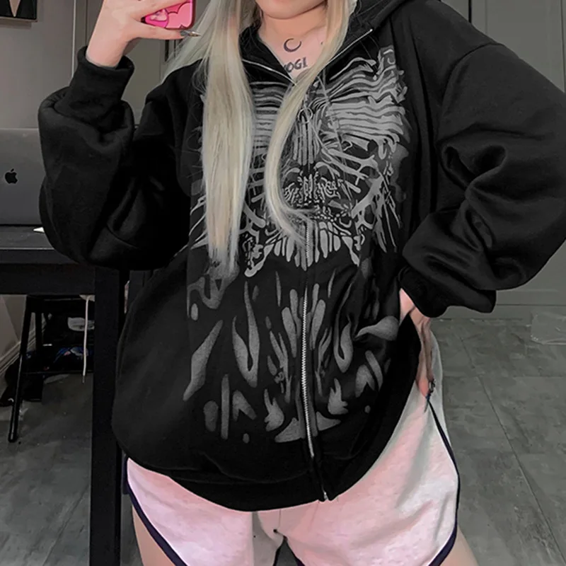 Women´s Y2K Print Oversized Sweatshirt Zip Up Hoodies Coat Long Sleeve Streetwear BF Style Jacket