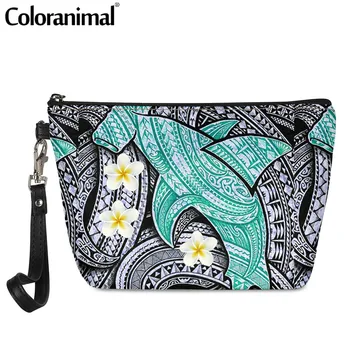 

Coloranimal Polynesian Shark With Plumeria Prined Cosmetic Case for Women Function PU Toiletry Pouch Female Make up Bag Bolsa