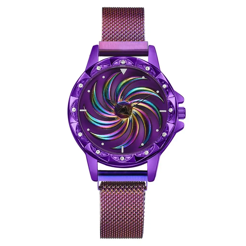 Purple Женские роскошные часы с магнитным браслетом, 360 вращающиеся креативные женские кварцевые часы из нержавеющей стали золотистого цвета Relogio Feminino - Цвет: Purple