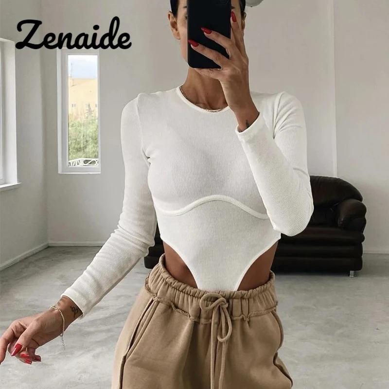 Zenaide-Body Sexy acanalado de manga larga para mujer, trajes de calle, bodys con cuello redondo, tejido recortado, cintura alta