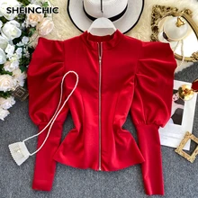 Винтажный буф рукав молния женская блузка элегантный стоячий воротник высокого класса красный/черный/белый рубашки шикарные топы для женщин Новая мода