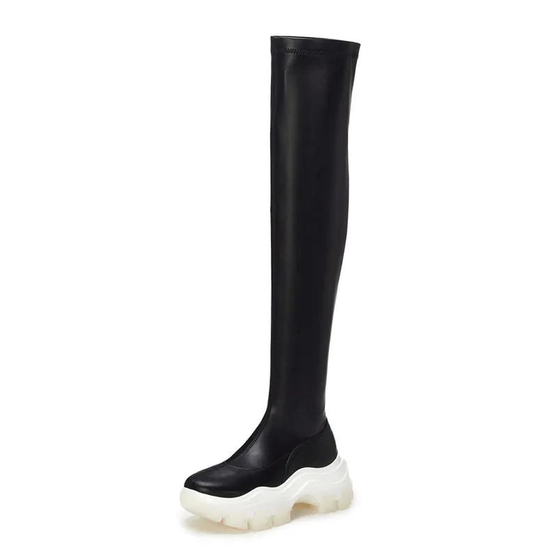 black with fur ASUMER/Новинка года; женские Сапоги выше колена из натуральной кожи и искусственной кожи; модная обувь на плоской платформе; пикантные обтягивающие женские сапоги - Цвет: black with fur