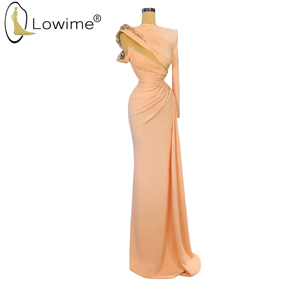 

Arabic Sexy Blush Pink Evening Dresses Mermaid One Long Sleeve Robes Prom Party Gowns вечерние платья 2020