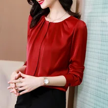 

Women's Shirts 2022 Autumn Fashion Basic O-Neck Folds Ladies Tops Blouses Solid Button Long Sleeve White Chiffon OL Shirt Woman