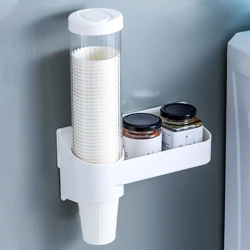 

ABS Space Saving With Cover Pull Type Disposable Cup Dispenser Automatic Remover Wall Mounted Punch Free Storage Rack Kitchen