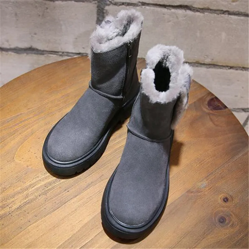 New Matte Cowhide Thick Wool Boots Women Warm Shoes Snow Boots Non-slip Gray Black Shoes Leather Boots Winter Shoes Woman Boots