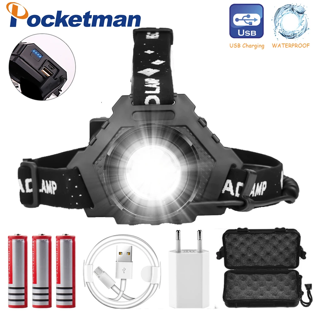 Светодиодный налобный фонарь XHP50 с аккумулятором 7000LM и USB мощный xhp70 зумом 3