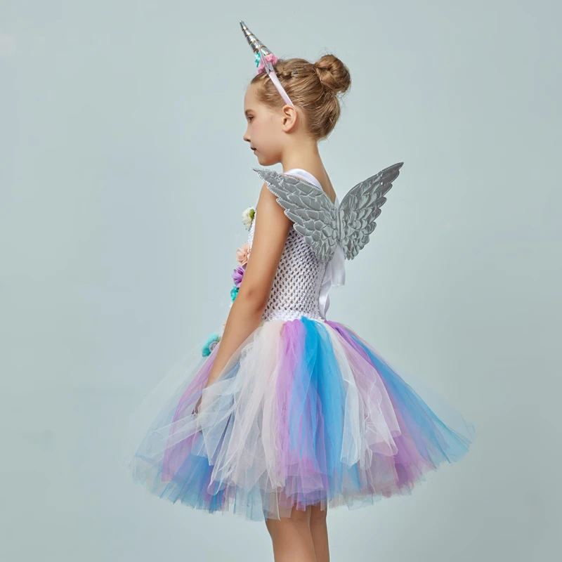 Pastel Flower Girls Unicorn Tutu Dress for Kids Birthday Party Unicorn Costume with Headband and Wing Princess Fancy Vestidos (6)