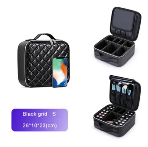 Black grid S Косметический мешок большой емкости многоэтажных профессиональный макияж кисти для макияжа косметичка - Цвет: Black grid S