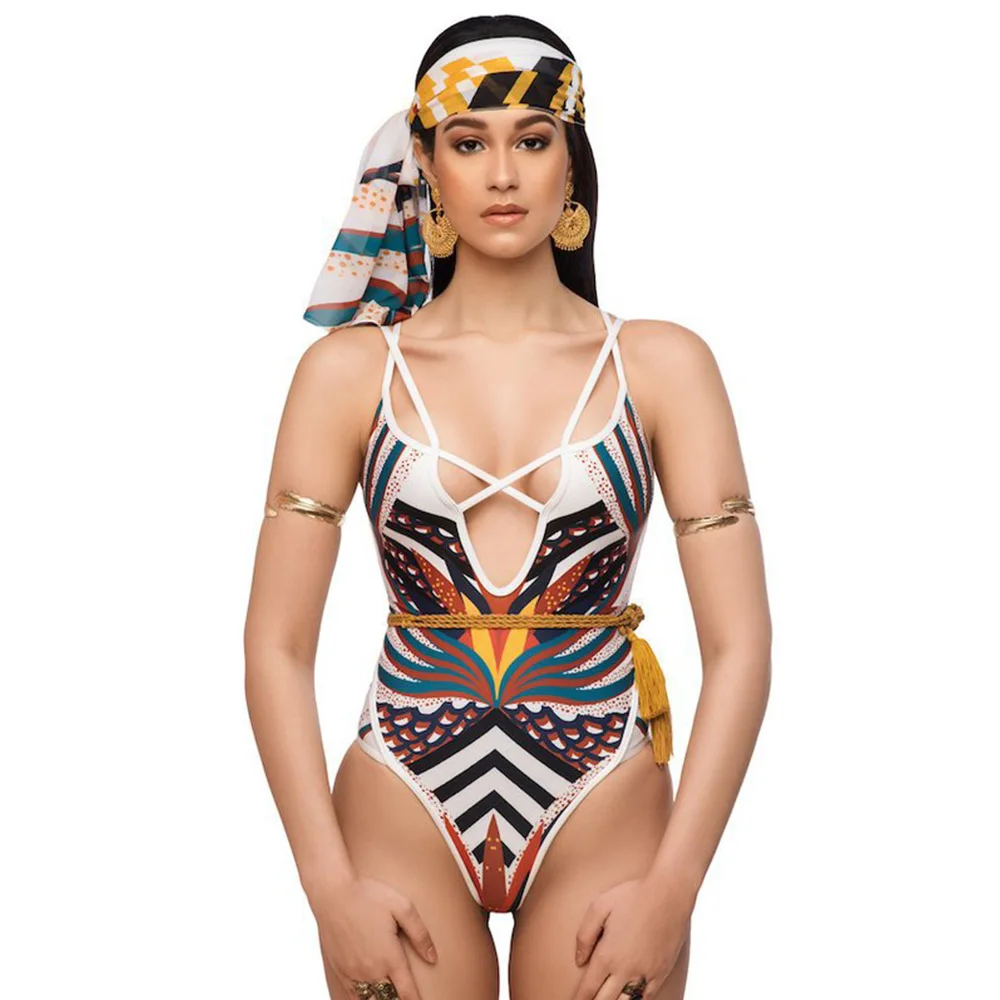 Сексуальный Африканский стиль цельный купальник женский Принт купальник шарф с цветочным принтом стринги Монокини Бразильский купальный костюм - Цвет: 03