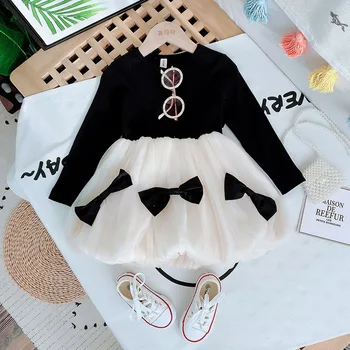 

2020 autumn new girls dress casual clothes children's long-sleeved knitted net yarn bow elegant temperament princess dress