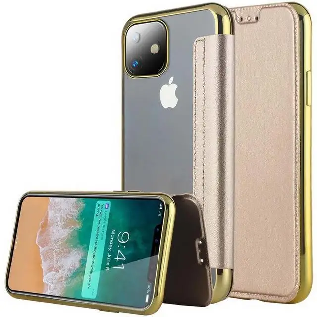 Thời Trang Mạ Điện Slim Book Flip Case Cho iPhone X XR XS Max 5 5S SE 6 6S 7 8 8 Plus 11 Pro Max Khe Cắm Thẻ Đứng Bao Da Clear apple charging case Cases For iPhone