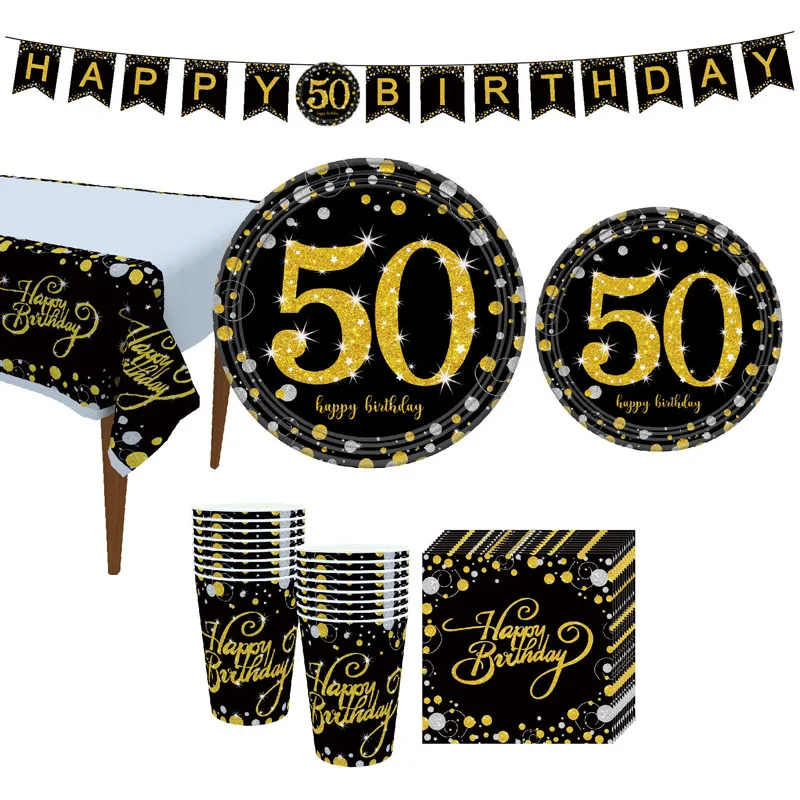 Leeiu Happy 30 40 50th день рождения одноразовая посуда набор для взрослых день рождения сувениры черная позолоченная бумажная тарелка чашка день рождения поставка