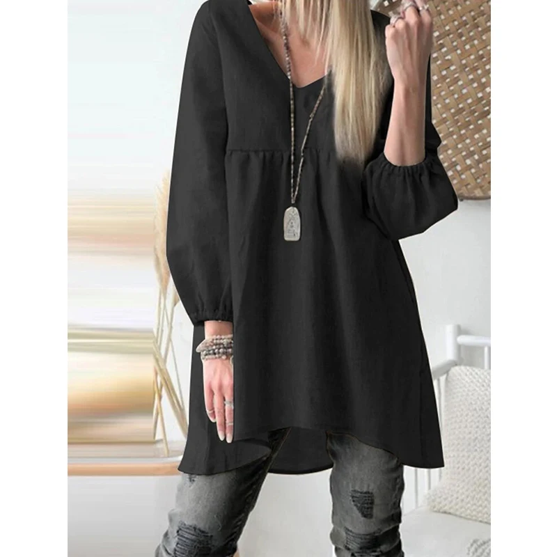 

Summer Fashion Women's Dress Solid Color V-Neck High And Low Hem Casual Long Sleeve Shirt Sundress Vestidos Ropa Mujer Outfit