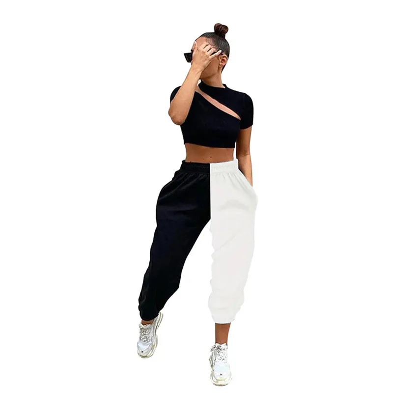 Pantalones de correr de mujer, pantalón de cintura alta, negro, blanco, Patchwork, informal, holgado, adelgazante, pantalones deportivos para niña