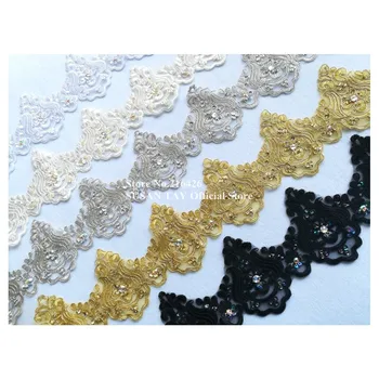 

2yds/lot 12cm Width x Handmade 5Color(Black White Gold Silver Cream)Sequined Beaded Flower Embroidery Organza Lace Trimmings SL3