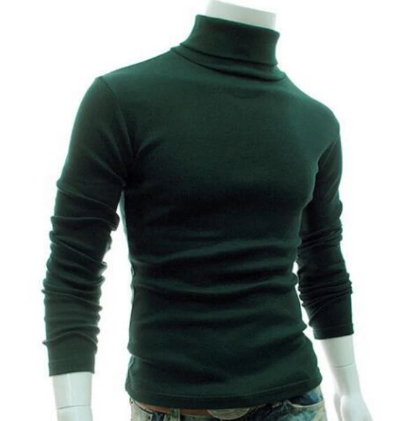 Простые мужские зимние тонкие блузки, пуловер, свитер с высоким воротом, водолазка, длинный рукав, Повседневная Осенняя рубашка, футболки и блузки, футболка - Цвет: Зеленый