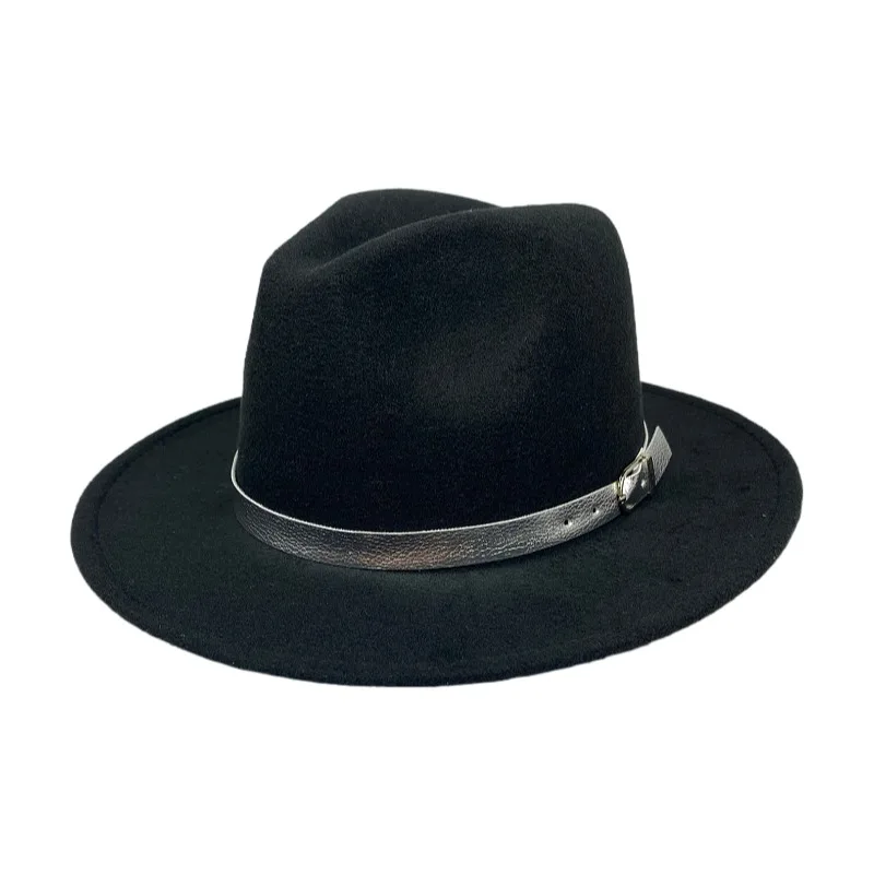 Men Cowboy Fedora Hat Women Black British style Trilby Party Formal Panama Cap With Silver Belt Dress Hat Cowboy black fedora hat