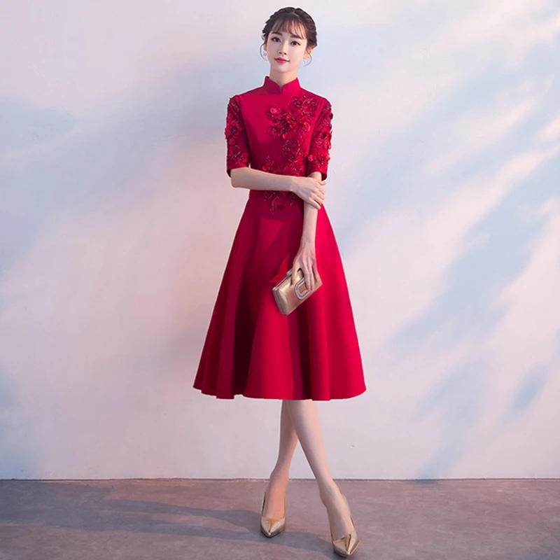 Китайское свадебное платье cheongsam вечернее платье юбка женская Банкетная осенняя и зимняя красная Свадебная Современная обычно ноская