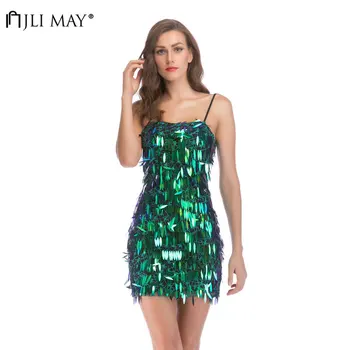 

JLI MAY Women Sequin Art Deco Mini Dress Solid Sexy Spaghetti Strap Backless Slim Summer Party Short Dresses Vestido