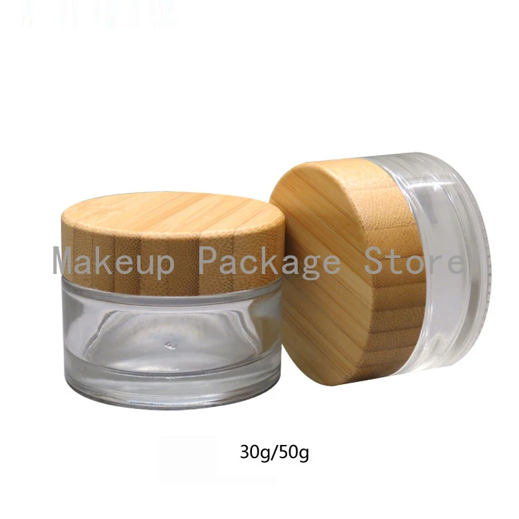 

10pcs/lot 30g,50g Empty Cosmetic Clear Glass Face Cream Jar &Bamboo Cap Transparent Makeup Packaging Container Bottle