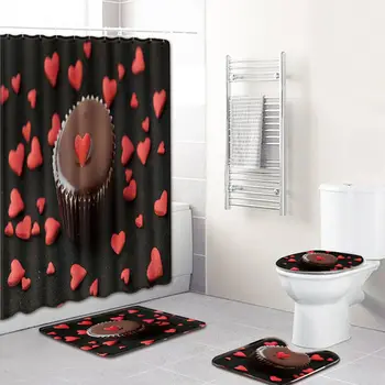 

Romantic 4Pcs/Set Love Pattern Non-Slip Home Toilet Pad Cover Bath Mat Shower Curtain Set for Valentine's Day