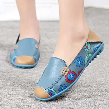 

2020 New Casual Flat Mom Shoes Soft Surface Comfortable Printed Women's Flat Heel 100% Genuine Leather Shoes women shoes