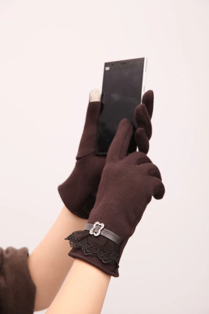 Dark brown Женские уличные кашемировые перчатки осень-зима женские теплые перевернутые рукавицы хлопковые перчатки на запястье однотонные женские кружевные шерстяные перчатки - Цвет: Dark brown
