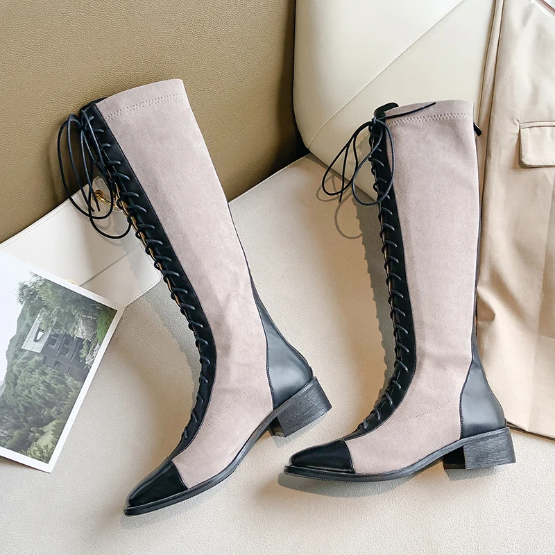 ASUMER new arrive genuine leather boots zipper&lace up high knee boots women shoes square low heels winter boots
