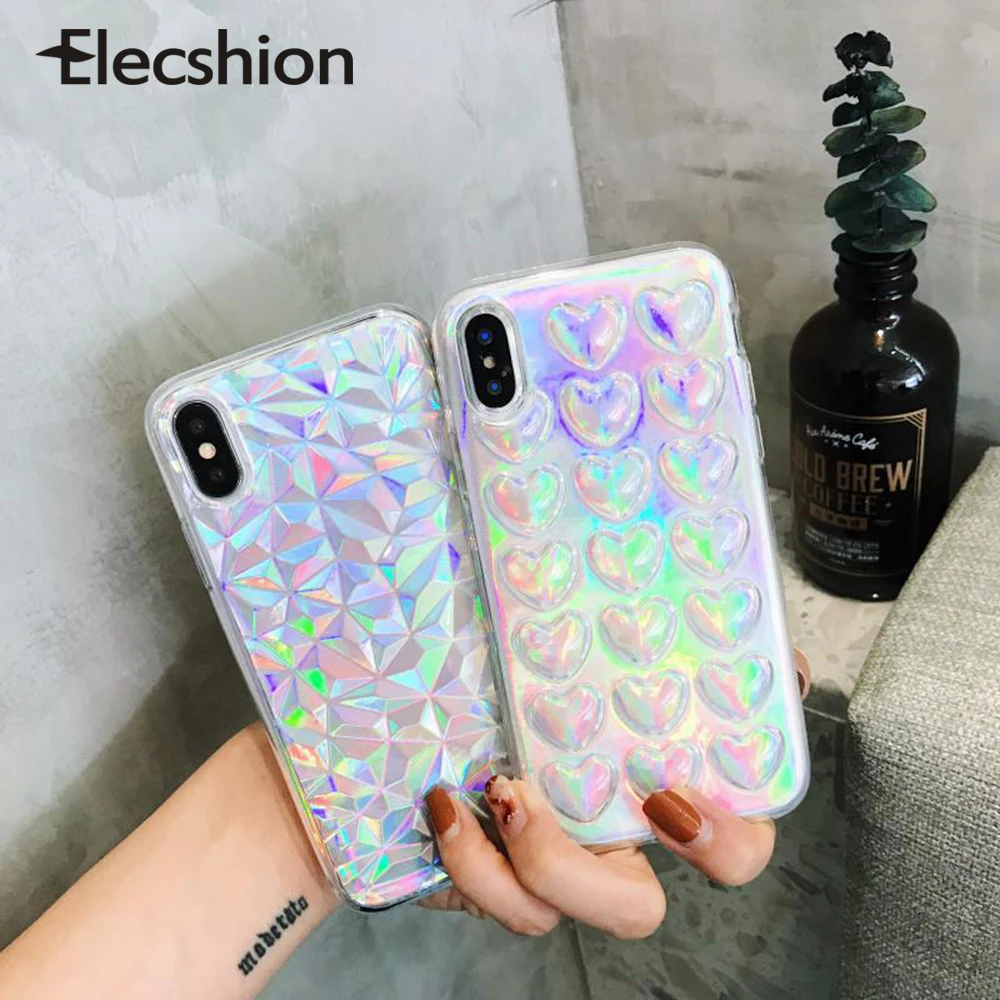 Лазерный градиентный 3D чехол для телефона с сердцем iPhone 6S 7 8 X прозрачный