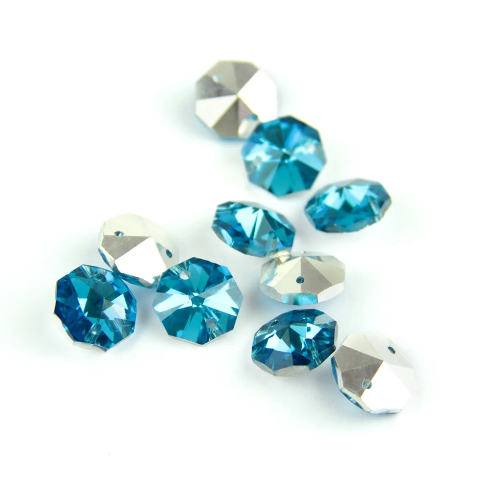 50PCS 14mm Crystal Glass Prisms Octagonal Beads Pendant Hanging Prisms Green Blue Aqua Silver For DIY Light Lamp Part Decoration