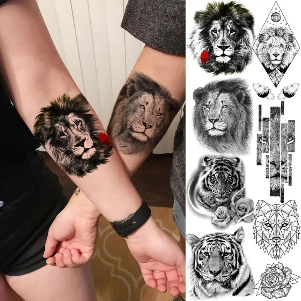 

Lion Tiger Head Rose Flower Temporary Tattoos For Women Adult Men Geometry Wolf Universe Fake Tattoo Arm Body Art Washable Tatoo