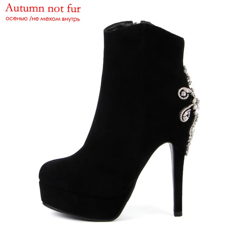 black not fur MORAZORA/ г., Новое поступление, Женские Ботильоны замшевые ботинки на платформе с высоким каблуком, украшенные кристаллами пикантные модные вечерние женские туфли для выпускного - Цвет: black not fur