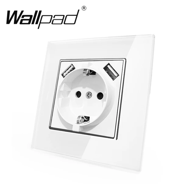 Double EU Schuko Power Socket with Double USB Charging Ports 5.1DC 2.1A For EU Round Box Wallpad 156*86mm EU Outlet with USB 1 White Glass