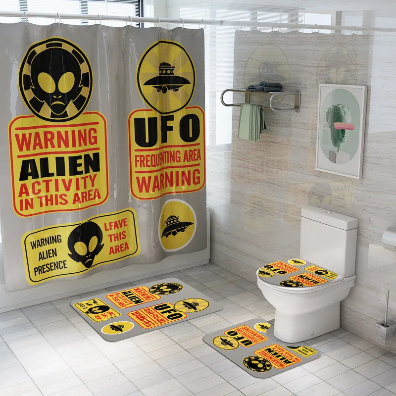 

Alien Shower Curtain Sets Polyester Fabric Waterproof UFO Decor Bathroom Curtain with Hooks Non-Slip Carpets Mat Set