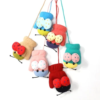 

Kids Knitted Mittens Winter Ladybug Shape Soft Breathable Thermal Gloves Neck Christmas Knit Winter Gloves For Baby Boys Girls