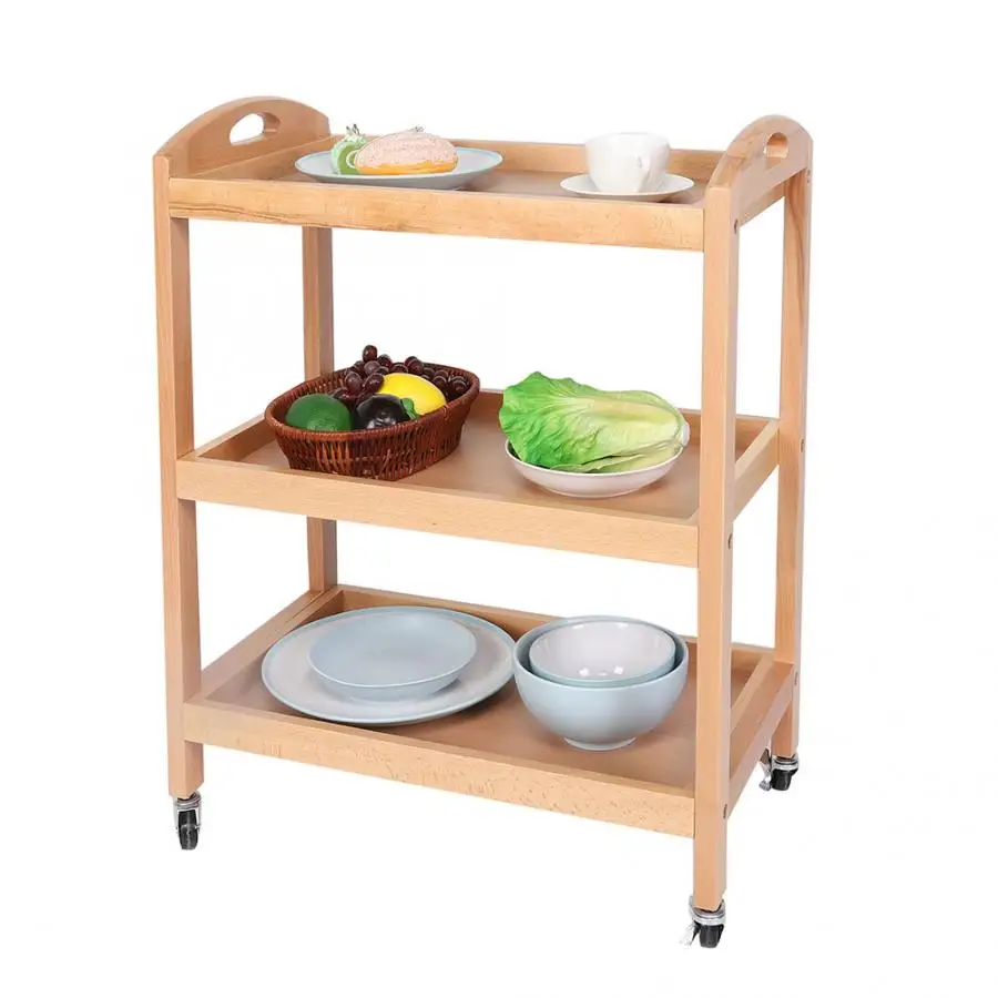 Cart Household Kitchen 3-Tier Beech Rolling Gadget Trolley Movable Storage Serving Shopping | Мебель