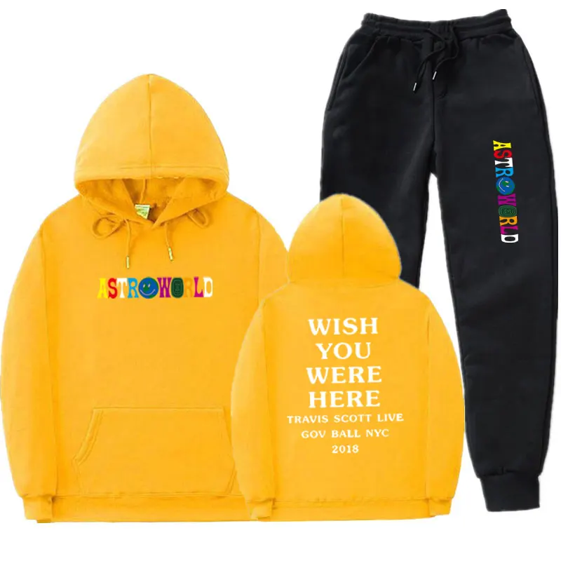Yellow MK65 В уличном стиле с изображением Трэвиса Скотта ASTROWORLD худи, детские спортивные костюмы, Для мужчин флисовая спортивная одежда состоящие из кофты с капюшоном и штанов, комплекты Повседневное Толстовка спортивный костюм - Цвет: Yellow MK65