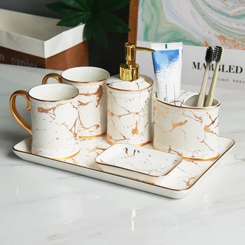 

Nordic Luxury Ceramic Bathroom Wash Set Mouthwash Cup Toothbrush Holder Soap Dish Lotion Bottle Bathroom Five-piece Wedding Set