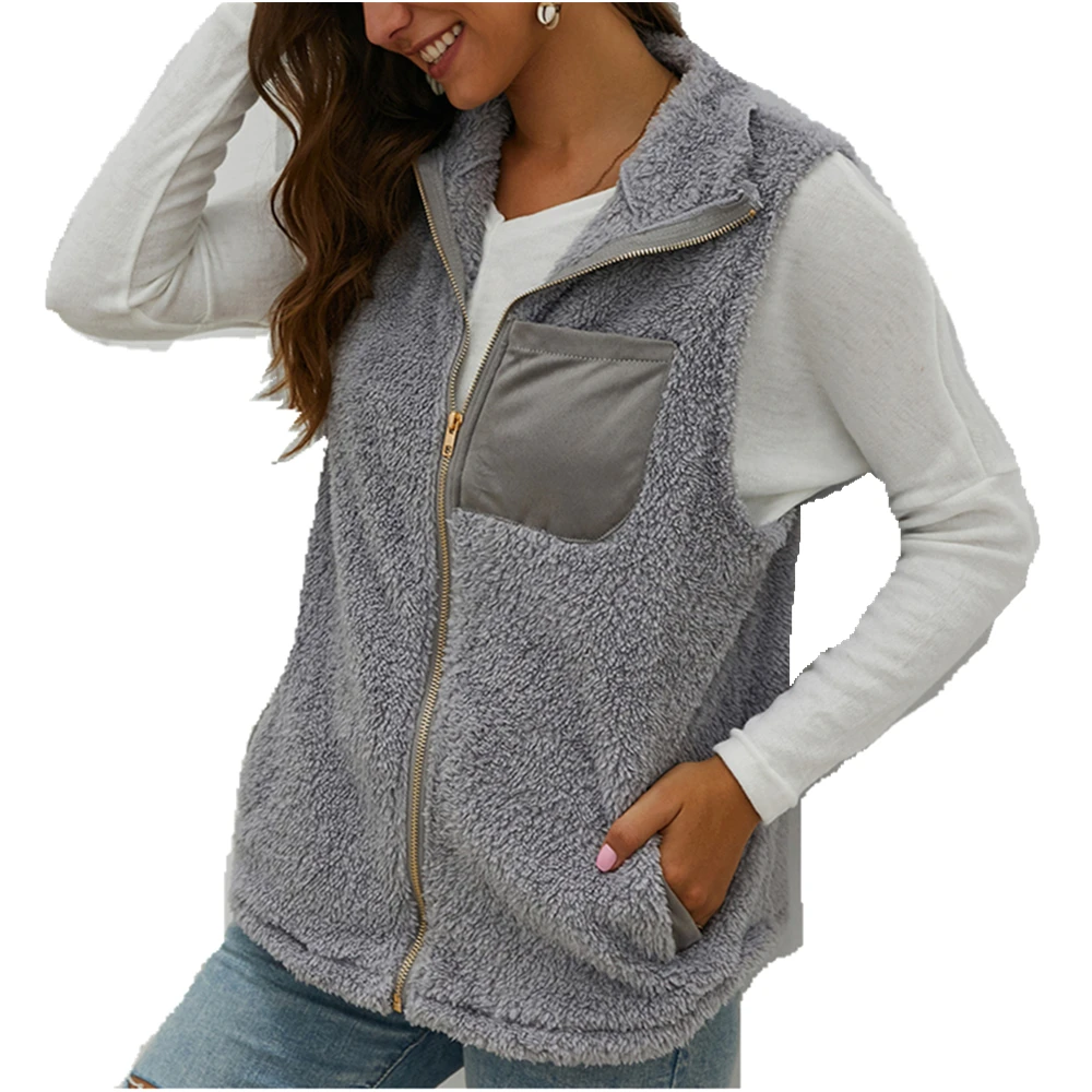 

Fleece Vest Faux Fur Waistcoat Solid Color Collar Zipper Coat Sleeveless Pockets Loose Warm Fluffy Jacket Casual Autumn Winter