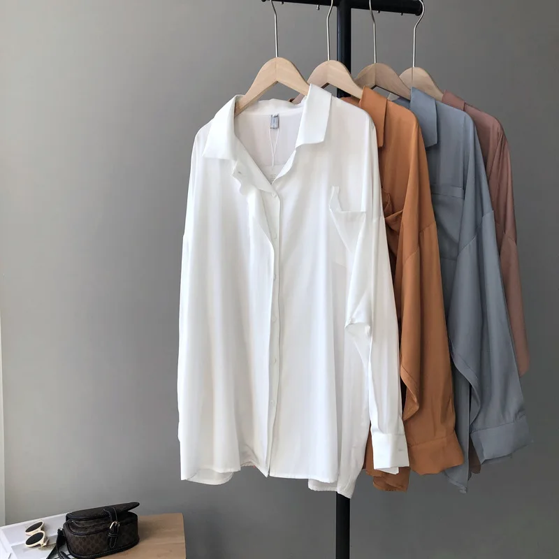 

Chiffon Shirt Women's Blouse And Shirt Long Sleeve Spring Autumn Double Placket Ladies Solid Color Loose Boyfriend Style Shirt