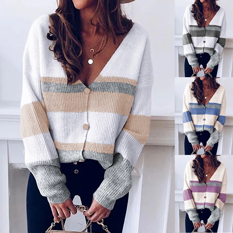 

New Sweater Women'S V-Neck Button Stripe Stitching Sweater Cardigan Autumn And Winter Warm Casual Long-Sleeved Coat