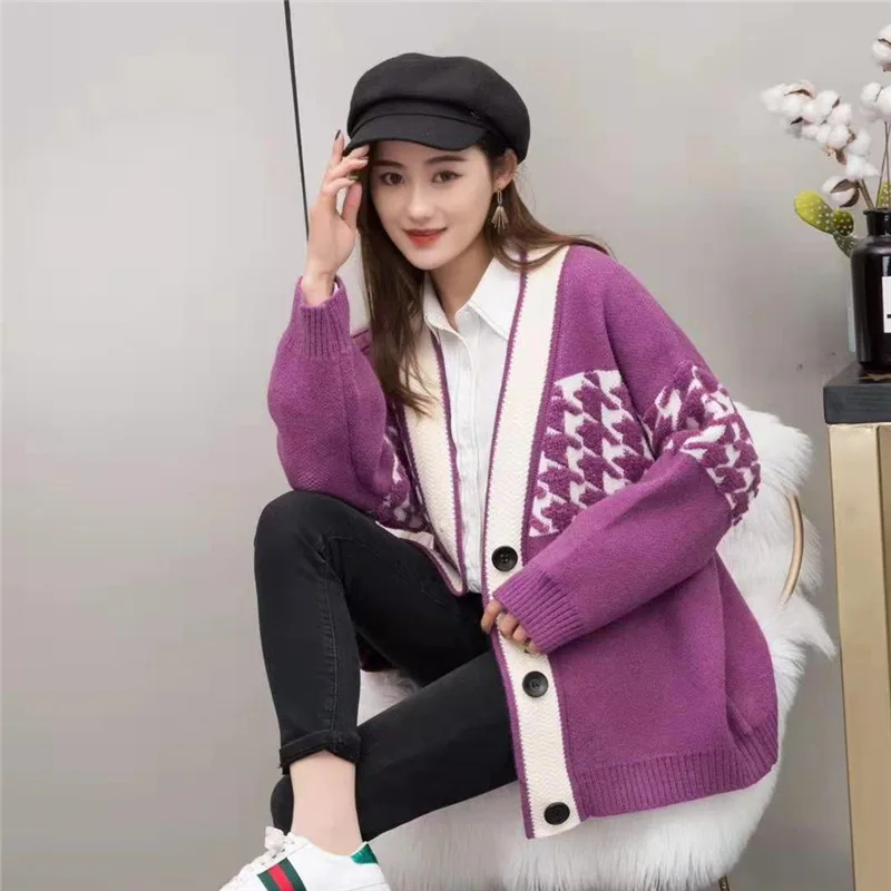Women Sweaters Coats Spring Autumn 2020 fashionable Casual Thick  V-Neck Cardigans Single Breasted Long Sleeve Loose Sweater
