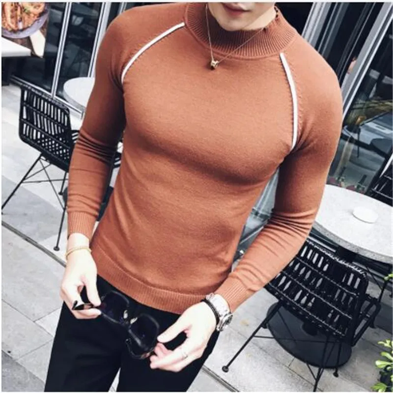 4 цвета контрастная окантовка sueter hombre slim fit полуводолазка пуловер для мужчин Vetement Homme trui heren коричневый slim fit - Цвет: 3
