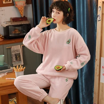 

korean Flannel Warm Pajamas for Women Long Sleeve Home Suit Ladies sleepwear cartoon Velvet Pajama set Thick Feminino Pyjamas
