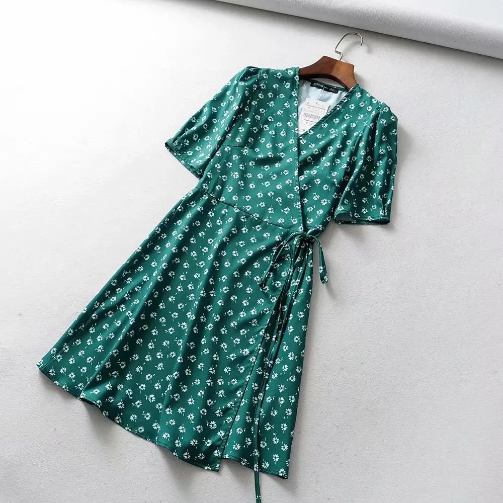

Europe And America 2019 Summer WOMEN'S Dress New Style Green Floral Printed Dress Wrap Dress Lace-up Slimming Short Skirt